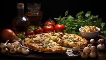 ai genererad friskhet på tabell gourmet pizza, trä material, mozzarella stänga upp genererad förbi ai foto