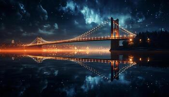 ai genererad känd suspension bro speglar stadsbild upplyst horisont på skymning genererad förbi ai foto