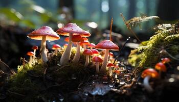 ai genererad friskhet av höst stänga upp av ätlig flyga agaric svamp genererad förbi ai foto