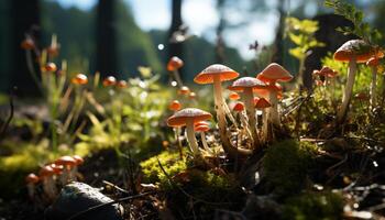 ai genererad friskhet av höst stänga upp av ätlig svamp i ouppodlad skog genererad förbi ai foto