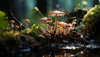 ai genererad friskhet av höst stänga upp av ätlig svamp i ouppodlad skog genererad förbi ai foto