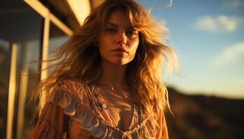 ai genererad ung kvinna med lång blond hår njuter de sommar solnedgång genererad förbi ai foto