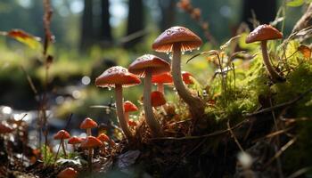 ai genererad friskhet av höst stänga upp av ätlig flyga agaric svamp genererad förbi ai foto