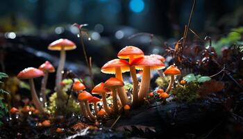 ai genererad friskhet av höst tillväxt i ouppodlad skog, flyga agaric svamp genererad förbi ai foto