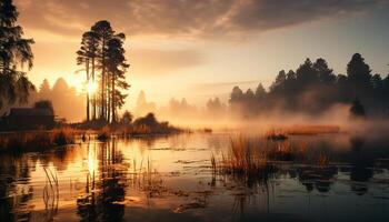 ai genererad lugn solnedgång speglar på vatten, natur skönhet i landskap genererad förbi ai foto