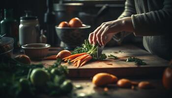 ai genererad en färsk, friska vegetarian måltid beredd i en rustik kök genererad förbi ai foto