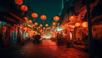 ai genererad nattetid i china lyktor belysa de vibrerande stad gata genererad förbi ai foto