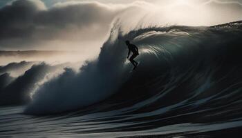 ai genererad ett person surfing, besprutning vatten, njuter de frihet av natur genererad förbi ai foto