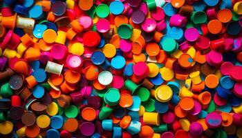 ai genererad en vibrerande firande av färger i en plast flaska stack genererad förbi ai foto