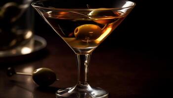 ai genererad nattklubb firande Martini glas, oliv, cocktail, och fest förfriskning genererad förbi ai foto