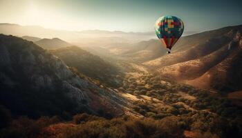 ai genererad varm luft ballong äventyr över berg landskap, flygande utomhus genererad förbi ai foto