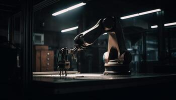 ai genererad trogen robot ärm arbetssätt i en mörk fabrik, tillverkning Utrustning genererad förbi ai foto