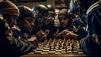 ai genererad grupp av män spelar schack, strategisering för seger och koncentration genererad förbi ai foto