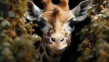ai genererad söt giraff ser på kamera i grön gräs- äng genererad förbi ai foto