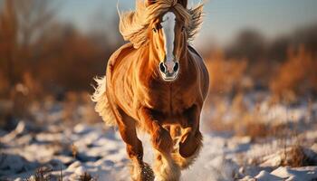 ai genererad löpning hingst i äng, frihet i natur skönhet genererad förbi ai foto