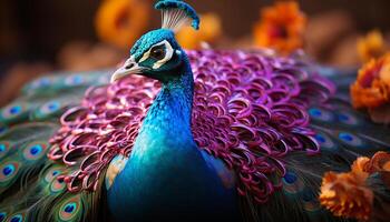 ai genererad majestätisk påfågel visas vibrerande färger, visa upp natur elegans och skönhet genererad förbi ai foto