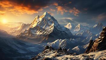 ai genererad majestätisk berg topp, snö täckt, solnedgång målarfärger lugn landskap genererad förbi ai foto