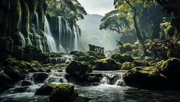 ai genererad majestätisk vattenfall flöden genom frodig tropisk regnskog, fängslande naturlig skönhet genererad förbi ai foto