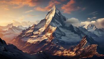 ai genererad majestätisk berg topp, natur skönhet, snö täckt landskap, sten och is genererad förbi ai foto