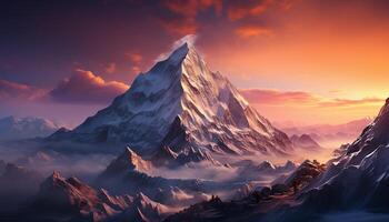 ai genererad majestätisk berg topp, snö täckt, solnedgång målarfärger natur panorama- skönhet genererad förbi ai foto