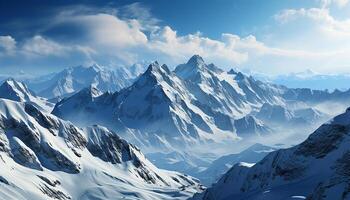 ai genererad majestätisk berg topp, snö täckt landskap, lugn scen, färsk vinter- skönhet genererad förbi ai foto