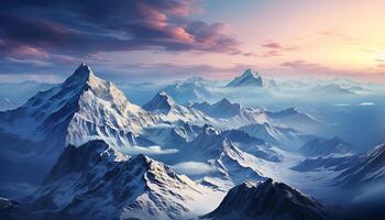 ai genererad majestätisk berg topp, snö täckt landskap, lugn soluppgång över sierra genererad förbi ai foto