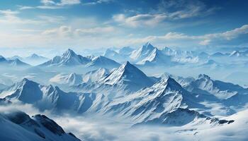 ai genererad majestätisk berg topp, snö täckt landskap, blå himmel, lugn scen genererad förbi ai foto