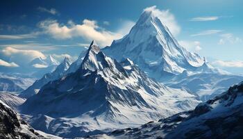 ai genererad majestätisk berg topp, snötäckt och frysta, en hisnande panorama genererad förbi ai foto