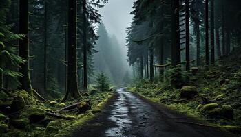 ai genererad mystisk dimma filtar lugn skog, avslöjande natur förtjusande skönhet genererad förbi ai foto