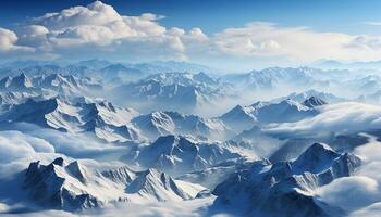 ai genererad snö capped berg toppar, blå himmel, och lugn natur genererad förbi ai foto