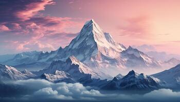 ai genererad majestätisk berg topp, snö täckt landskap, solnedgång över panorama- berg räckvidd genererad förbi ai foto