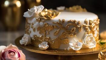 ai genererad eftergiven gourmet efterrätt, en choklad bröllop kaka med elegant dekoration genererad förbi ai foto