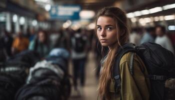 ai genererad ung kvinnor gående i de stad, väntar på tunnelbana station genererad förbi ai foto