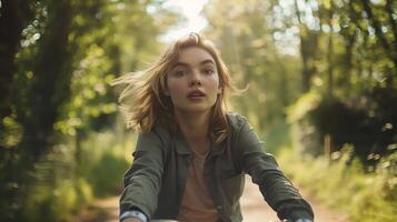 ai genererad ung kvinna rider cykel genom upptagen stad gata med lång byggnader i bakgrund foto