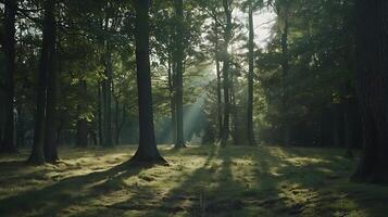ai genererad lugn skog landskap badade i mjuk solljus fångad med 50mm lins foto