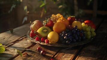 ai genererad färgrik frukt tallrik upplyst förbi mjuk ljus inbjudande ett aptitlig visa foto
