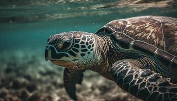 ai genererad en majestätisk hav sköldpadda simning i de färgrik korall rev genererad förbi ai foto