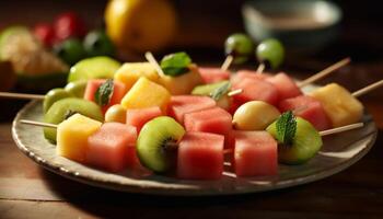 ai genererad färsk frukt sallad melon, druva, vattenmelon, jordgubbe, cantaloupmelon, ananas, kiwi, hallon genererad förbi ai foto