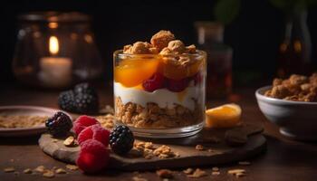 ai genererad friska äter hemlagad granola, yoghurt, och färsk frukt parfait genererad förbi ai foto
