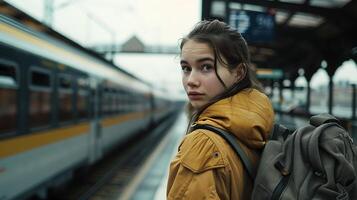 ai genererad ung kvinna utforskar europeisk stad med Karta ryggsäck och kamera på sten väg foto