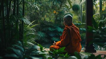 ai genererad mediterar munk omfamnar fredlig trädgård meditation mitt i vibrerande blommor foto