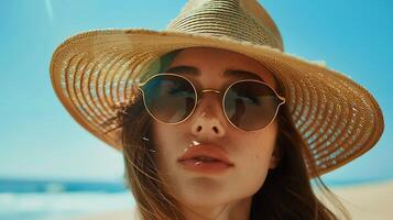ai genererad vibrerande gata marknadsföra utforskning ung kvinna i Sol hatt och solglasögon omfamnar exotisk atmosfär foto
