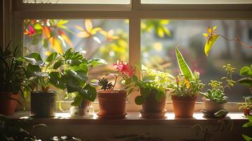 ai genererad solig fönsterkarm ställer ut vibrerande inlagd växter i mjuk naturlig ljus foto