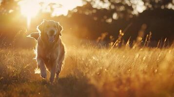 ai genererad gyllene retriever leker genom solbelyst fält av lång gräs i bred 50mm skott foto