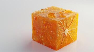 ai genererad bild ett orange segmentet kub blänkande med färsk juice droppar. ai genererad. foto