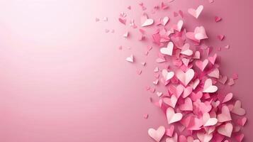 ai genererad Kolla på papper rosa hjärtan dansa på en mjuk rosa duk. ai genererad. foto