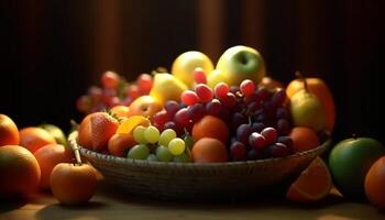 ai genererad friskhet och variation av mång färgad frukt på tabell genererad förbi ai foto