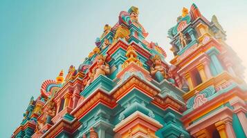 ai genererad utsmyckad hindu tempel färgrik statyer och invecklad sniderier mot klar blå himmel foto