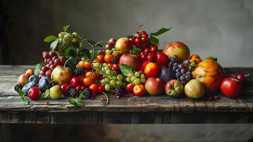 ai genererad nyligen anordnad frukt och grönsaker på rustik tabell badade i mjuk naturlig ljus foto