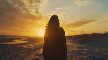 ai genererad ensamhet på solnedgång kvinnors silhuett på sandig strand badade i värma glöd foto